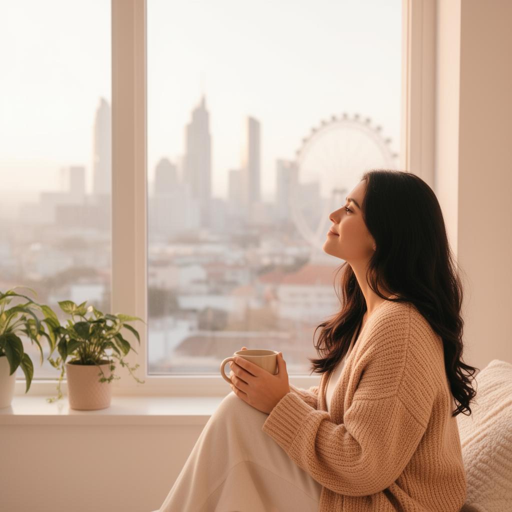 Brasileira observando a cidade pela janela de seu apartamento no exterior